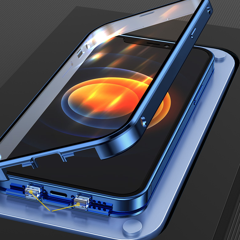 "Dubbelsidigt iPhone-fodral med glasdesign och spänne, modern och robust för säker stil och fullständigt skydd."