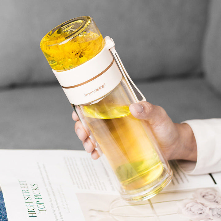 Praktisk on-the-go teflaska i glas med tesil, isolerad design för resor.