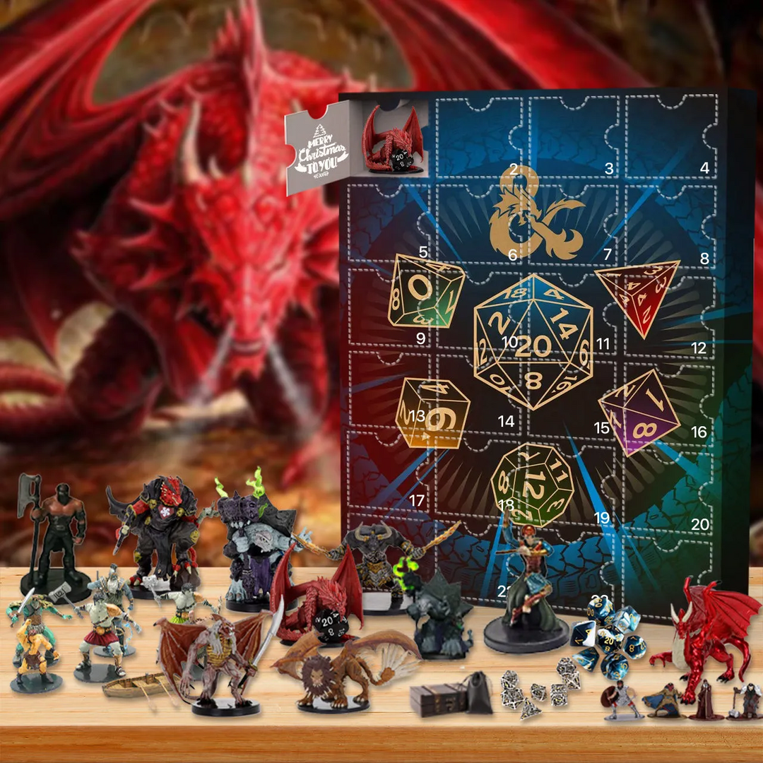 "Dungeons & Dragons Adventskalender 2024, 24 luckor med unika prydnader, mystiskt speltema, perfekt för samlare och fans."