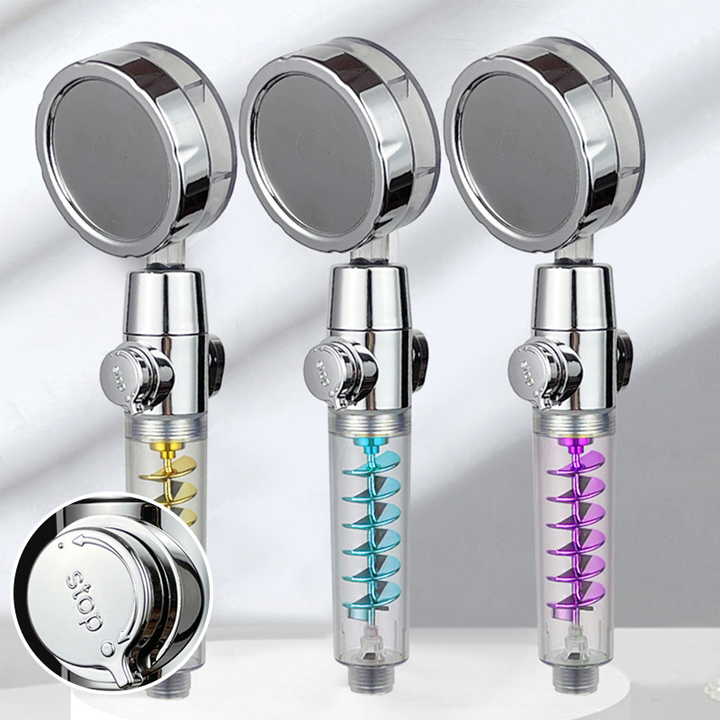 "Duschhuvud med högtryck och filter, blå färg, trippelfiltrering för rent vatten och justerbar 360° rotation."