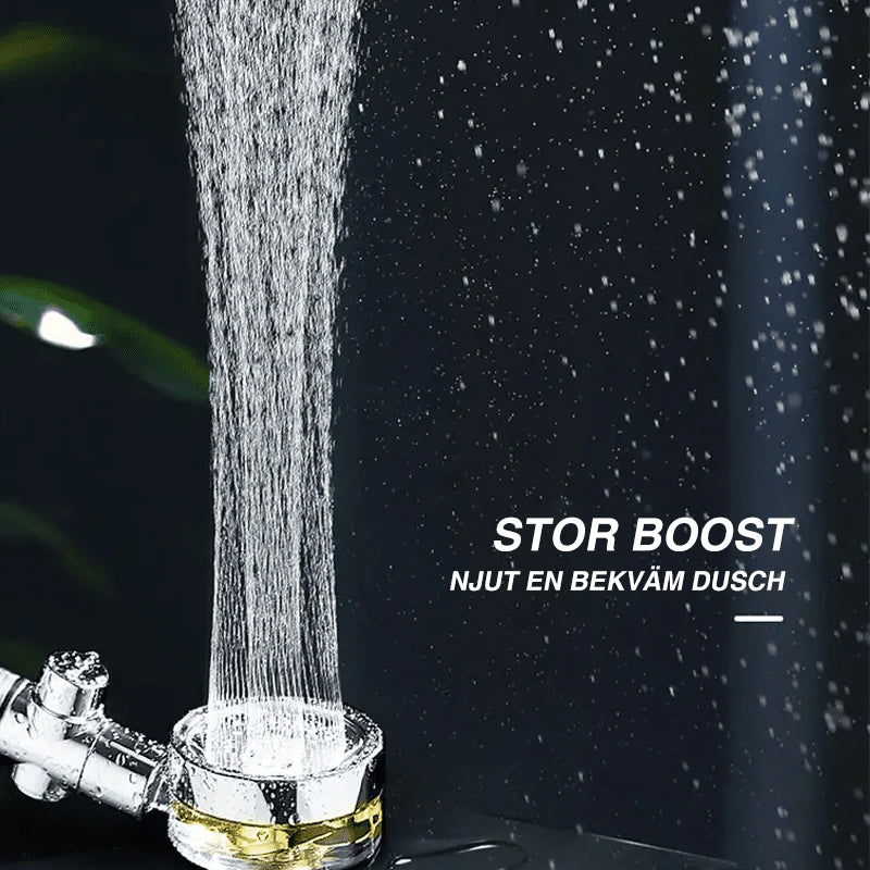 "Duschhuvud med högtryck och filter, blå färg, trippelfiltrering för rent vatten och justerbar 360° rotation."