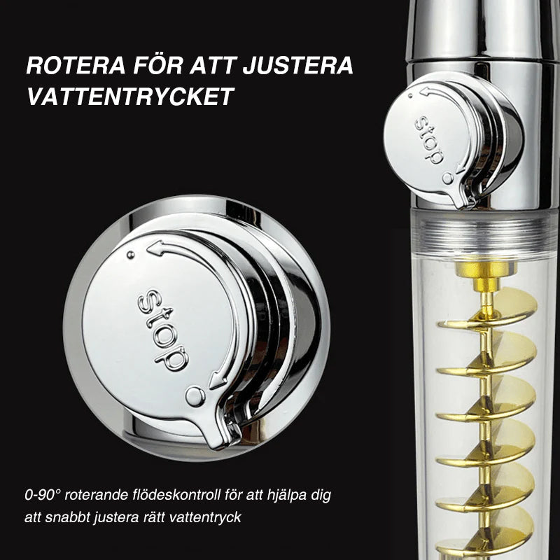 "Duschhuvud med högtryck och filter, blå färg, trippelfiltrering för rent vatten och justerbar 360° rotation."