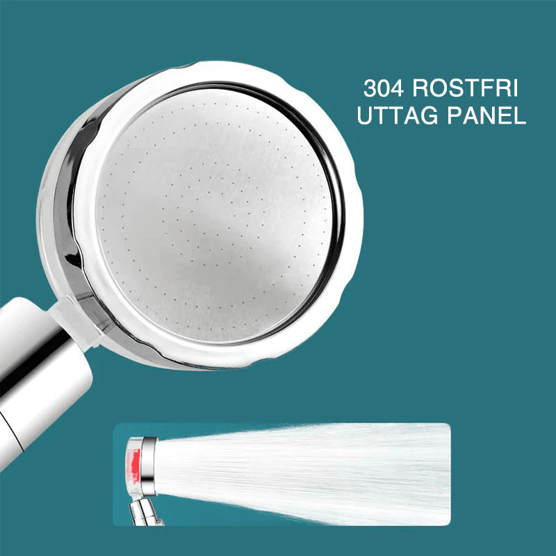 "Duschhuvud med högtryck och filter, blå färg, trippelfiltrering för rent vatten och justerbar 360° rotation."