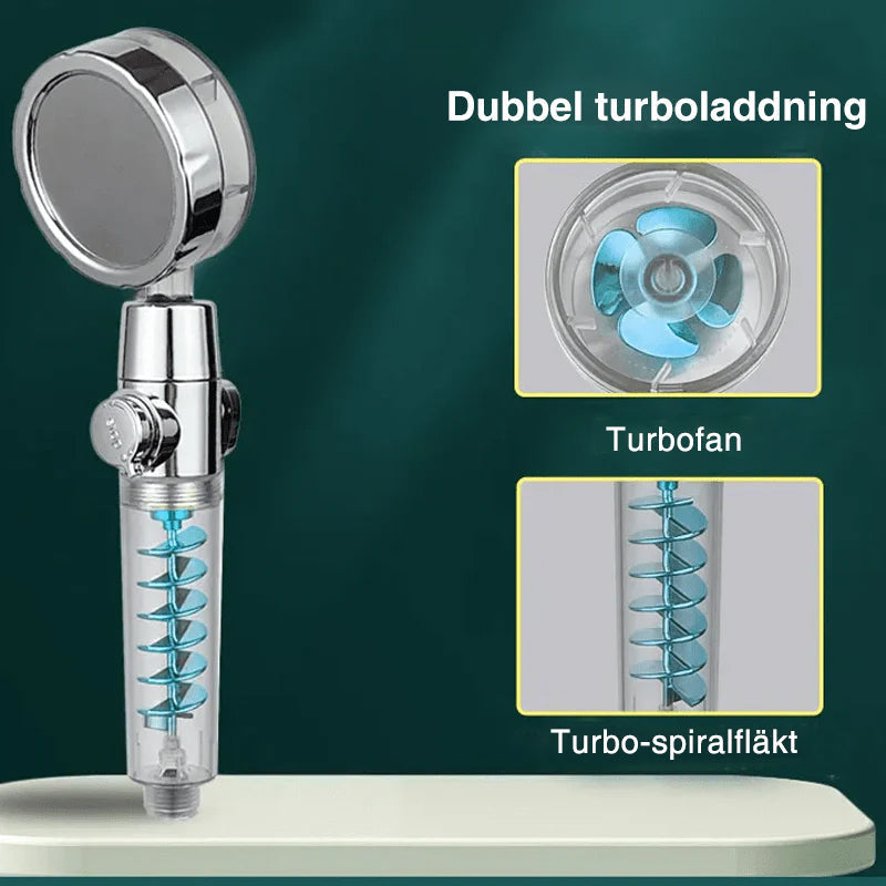 "Duschhuvud med högtryck och filter, blå färg, trippelfiltrering för rent vatten och justerbar 360° rotation."