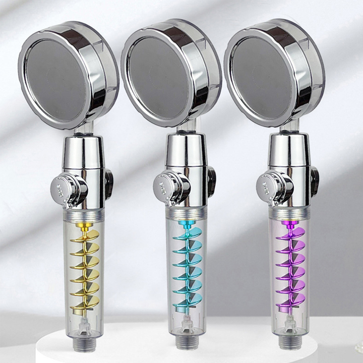 "Duschhuvud med högtryck och filter, blå färg, trippelfiltrering för rent vatten och justerbar 360° rotation."