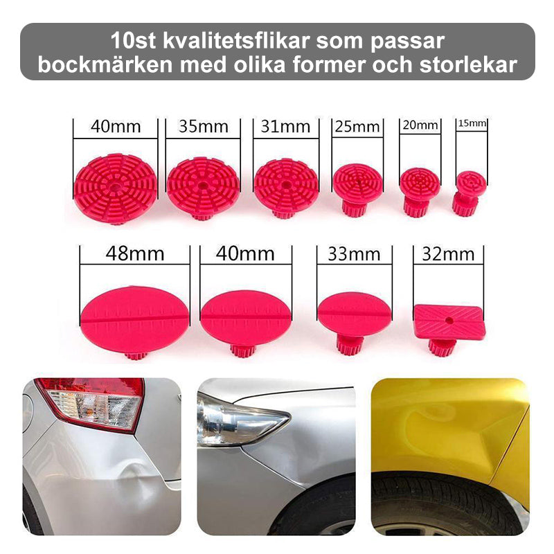 Effektiv buckeldragare i rostfritt stål för skonsam bilreparation, inkluderar 10 limflikar, gjord för enkel användning hemma.