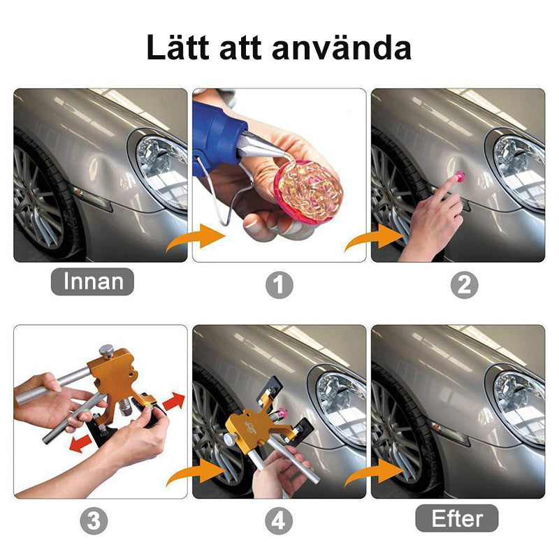 Effektiv buckeldragare i rostfritt stål för skonsam bilreparation, inkluderar 10 limflikar, gjord för enkel användning hemma.
