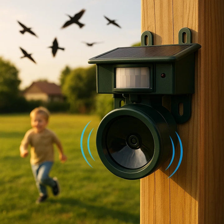 Smart solcellsdriven fågelavskräckare för utomhusbruk. Skyddar trädgård och balkong med enkel installation.
