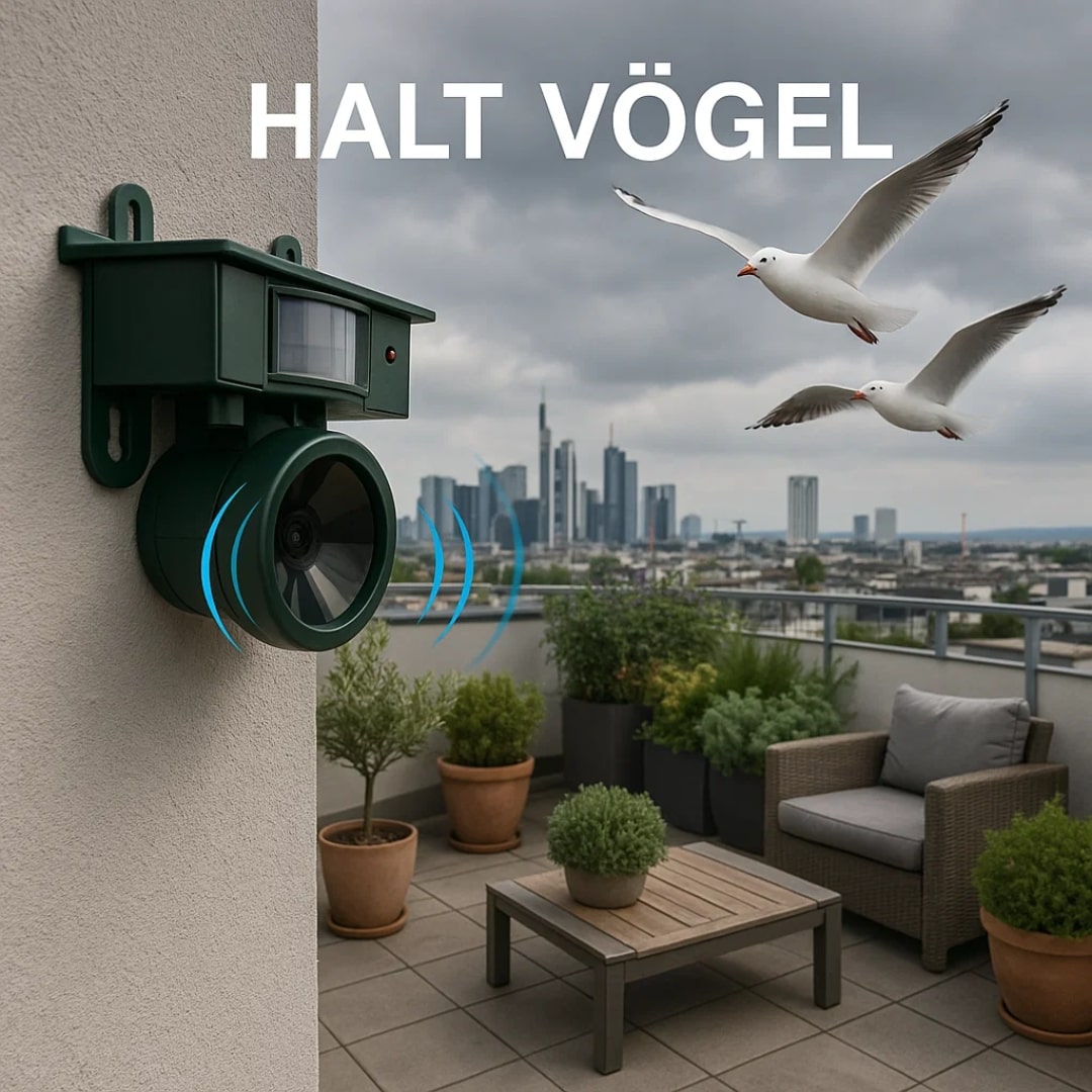 Modern fågelavskräckare, solcellsdriven med rörelsesensor, håller oönskade fåglar borta från din terrass.