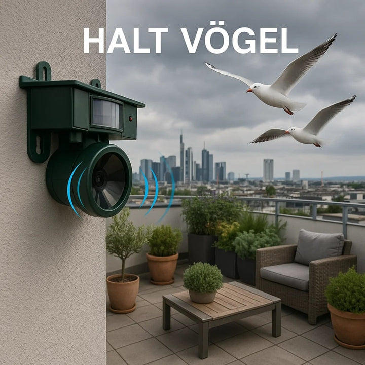 Modern fågelavskräckare, solcellsdriven med rörelsesensor, håller oönskade fåglar borta från din terrass.
