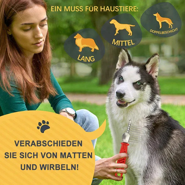 Närbild på den skonsamma hundkammen som effektivt reder ut tovor utan att slita på pälsen.