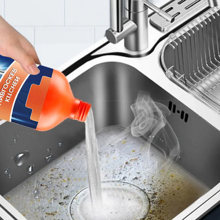 Effektivt avloppsrens i flaska, antibakteriell och snabbverkande för hygienisk rengöring, idealisk för kök och badrum.