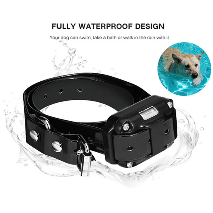 Lättanvänt e-halsband med fjärrkontroll för säker och human hundträning. Vattentät design.