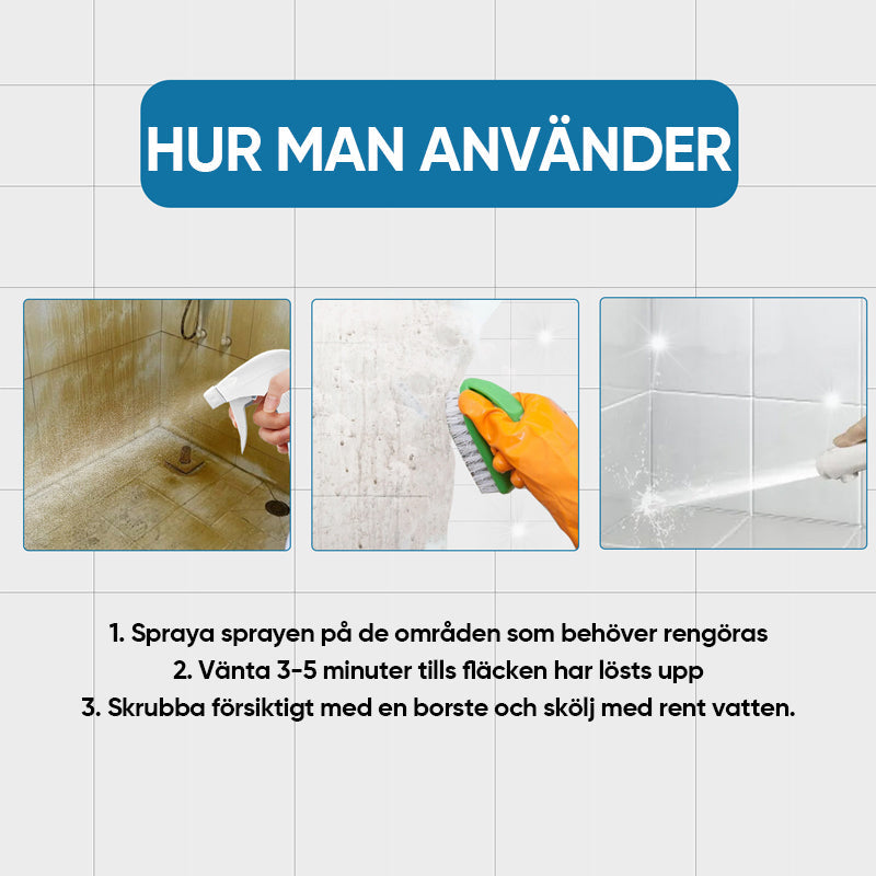 "Effektivt kakel- och fogrengöringsspray, frostat sprayflaska med blå etikett, för fläckfri rengöring av kakel och fogar"