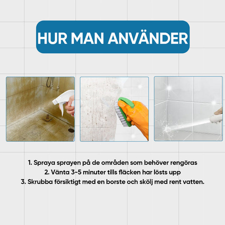 "Effektivt kakel- och fogrengöringsspray, frostat sprayflaska med blå etikett, för fläckfri rengöring av kakel och fogar"