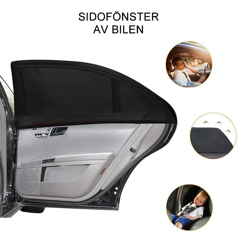 "Effektivt solskydd för bilruta, skyddar barn från UV-strålar, tillverkat i svart polyester, passar hela sidofönstret."