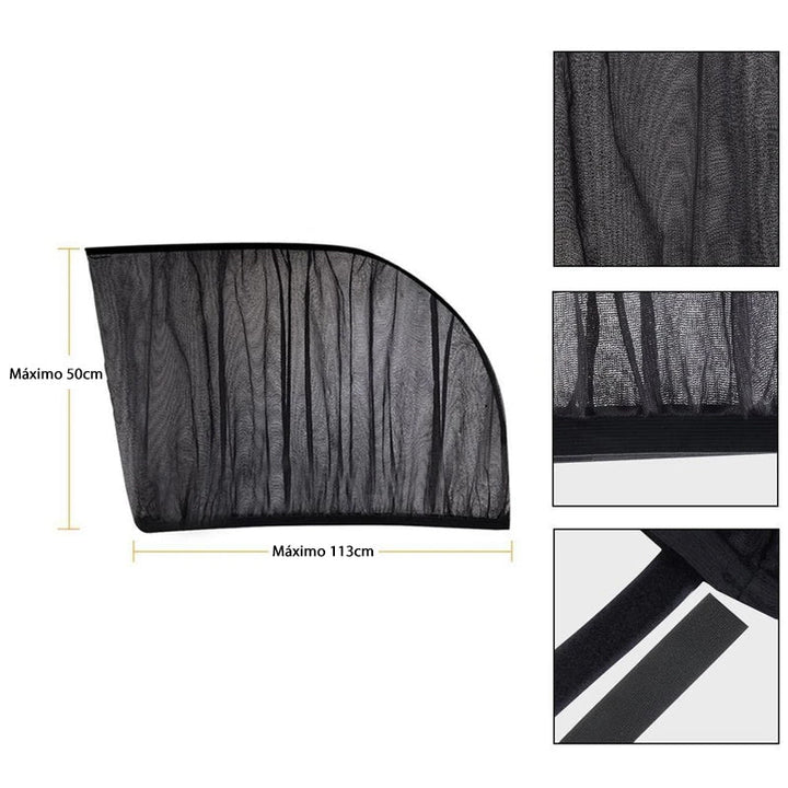 "Effektivt solskydd för bilruta, skyddar barn från UV-strålar, tillverkat i svart polyester, passar hela sidofönstret."