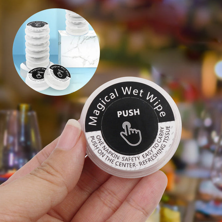 "Ekologiska, alkoholfri handservetter, resklar design, icke förfuktade, runda vita i kompakt plastförpackning."