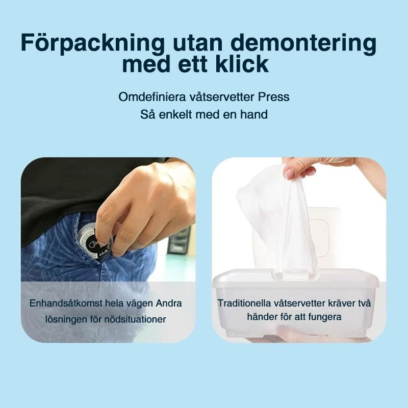 "Ekologiska, alkoholfri handservetter, resklar design, icke förfuktade, runda vita i kompakt plastförpackning."