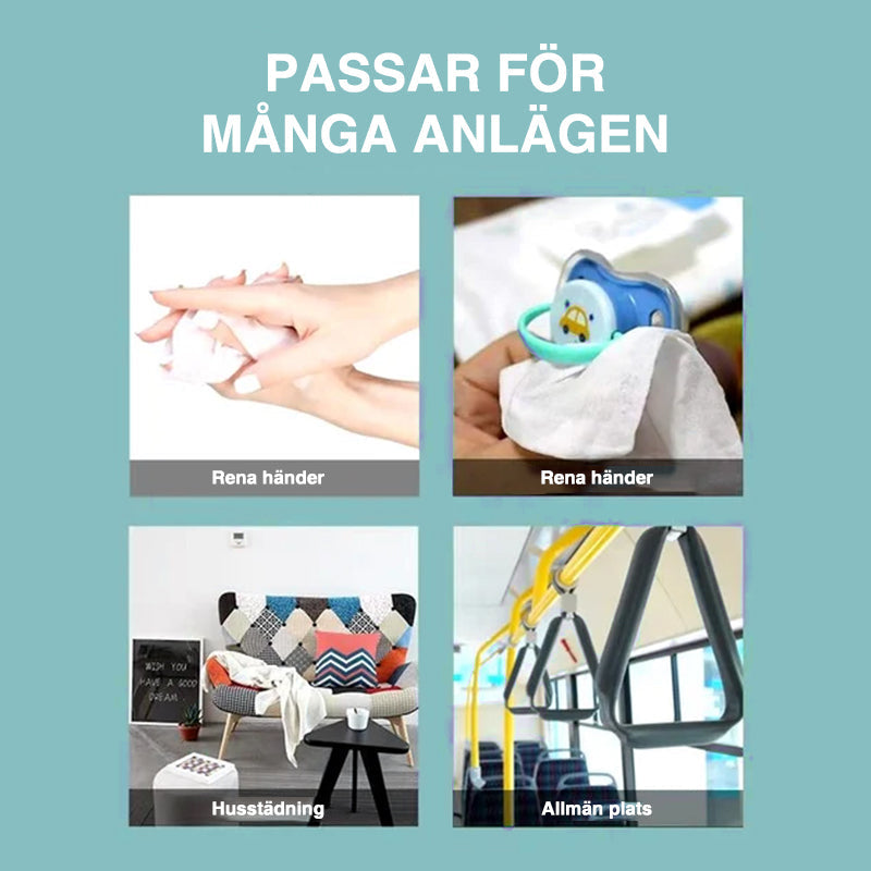 "Ekologiska, alkoholfri handservetter, resklar design, icke förfuktade, runda vita i kompakt plastförpackning."