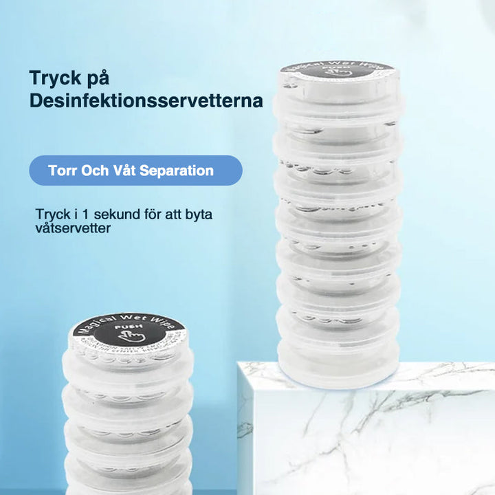 "Ekologiska, alkoholfri handservetter, resklar design, icke förfuktade, runda vita i kompakt plastförpackning."