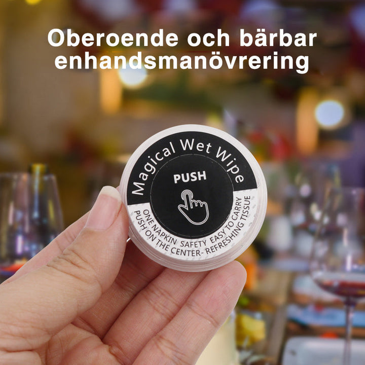 "Ekologiska, alkoholfri handservetter, resklar design, icke förfuktade, runda vita i kompakt plastförpackning."