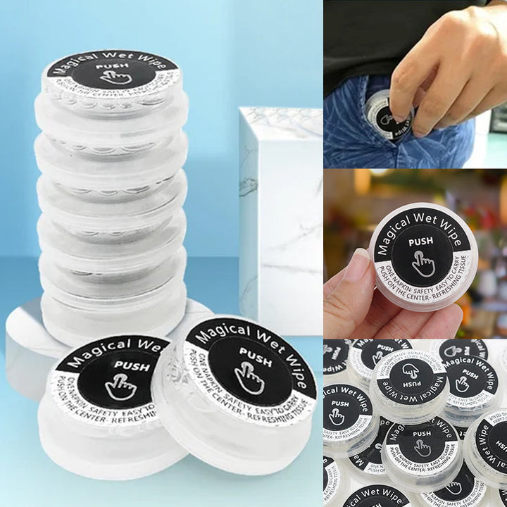 "Ekologiska, alkoholfri handservetter, resklar design, icke förfuktade, runda vita i kompakt plastförpackning."