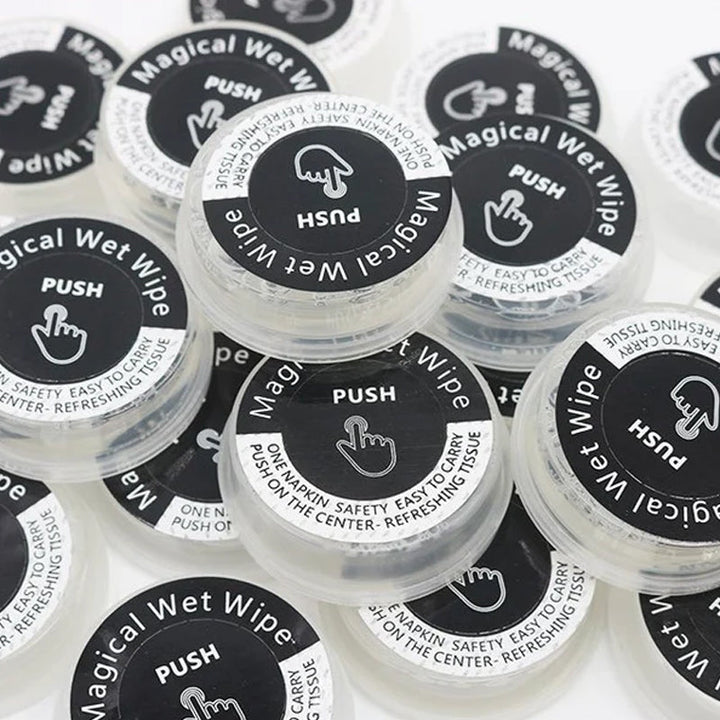 "Ekologiska, alkoholfri handservetter, resklar design, icke förfuktade, runda vita i kompakt plastförpackning."