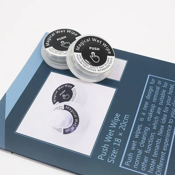 "Ekologiska, alkoholfri handservetter, resklar design, icke förfuktade, runda vita i kompakt plastförpackning."