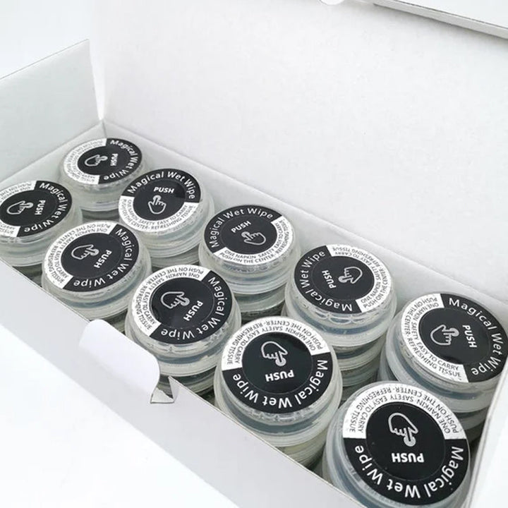 "Ekologiska, alkoholfri handservetter, resklar design, icke förfuktade, runda vita i kompakt plastförpackning."