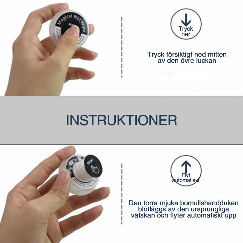 "Ekologiska, alkoholfri handservetter, resklar design, icke förfuktade, runda vita i kompakt plastförpackning."