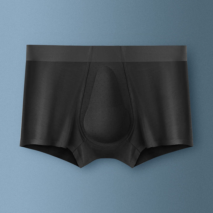 "Ekologiska bomullsboxershorts för män i svart, grå och blå, med stödpaneler för komfort och modern stil."