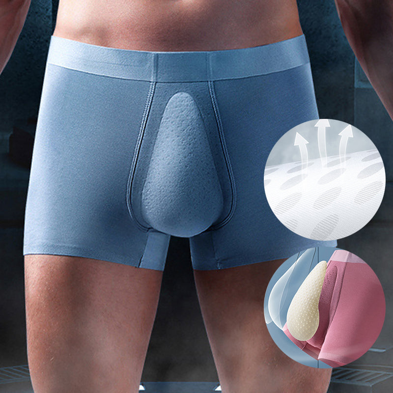 "Ekologiska bomullsboxershorts för män i svart, grå och blå, med stödpaneler för komfort och modern stil."