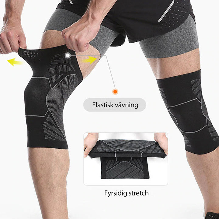 Elastiska knäskydd med halkskydd i svart, bekväma och slitstarka, perfekt för träning och stöd året runt.