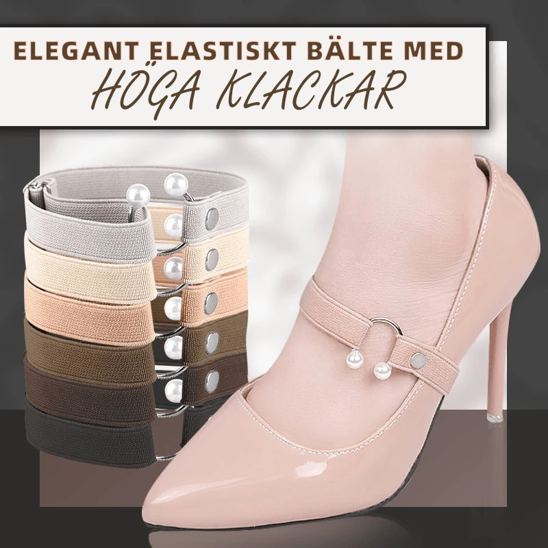 "Elastiskt pärlband för klackskor i beige och silver, justerbart med pärlknappslås, unisex accessoar för elegans och stöd."