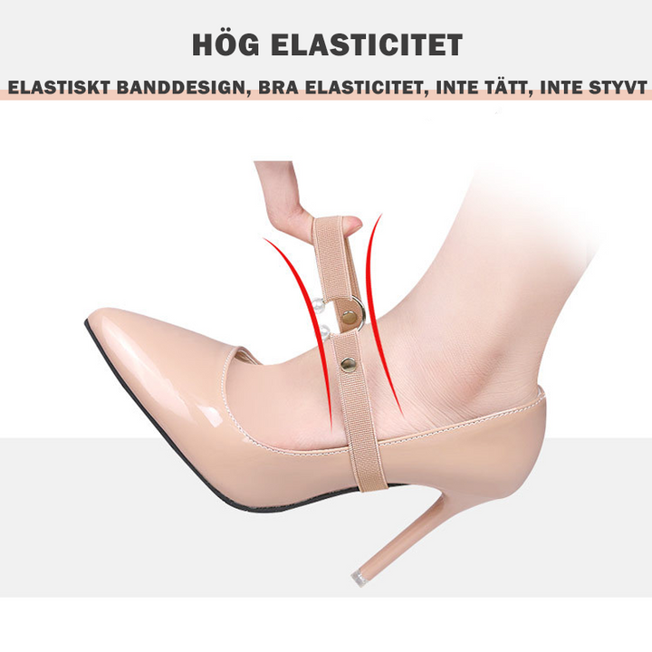 "Elastiskt pärlband för klackskor i beige och silver, justerbart med pärlknappslås, unisex accessoar för elegans och stöd."