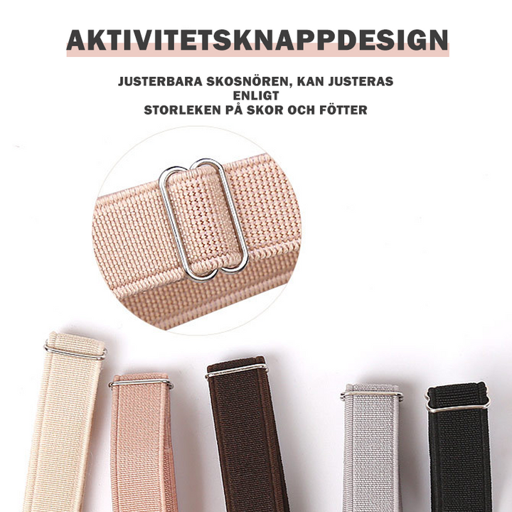 "Elastiskt pärlband för klackskor i beige och silver, justerbart med pärlknappslås, unisex accessoar för elegans och stöd."