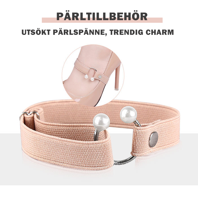 "Elastiskt pärlband för klackskor i beige och silver, justerbart med pärlknappslås, unisex accessoar för elegans och stöd."