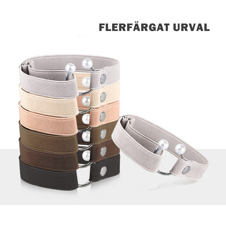 "Elastiskt pärlband för klackskor i beige och silver, justerbart med pärlknappslås, unisex accessoar för elegans och stöd."