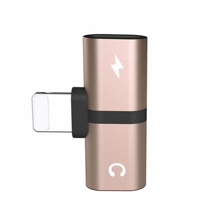 "Elegant 2-i-1 hörlursadapter för iPhone med dubbla portar, kompakt och portabel, för ljud och laddning samtidigt."