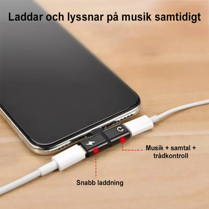 "Elegant 2-i-1 hörlursadapter för iPhone med dubbla portar, kompakt och portabel, för ljud och laddning samtidigt."