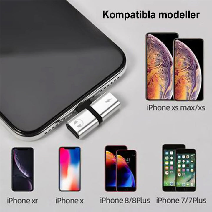 "Elegant 2-i-1 hörlursadapter för iPhone med dubbla portar, kompakt och portabel, för ljud och laddning samtidigt."