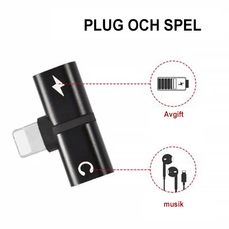 "Elegant 2-i-1 hörlursadapter för iPhone med dubbla portar, kompakt och portabel, för ljud och laddning samtidigt."