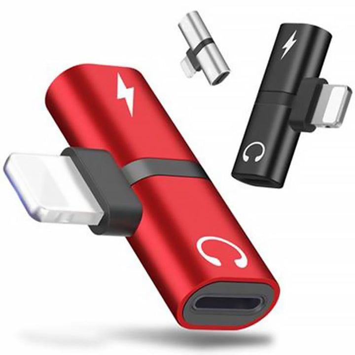 "Elegant 2-i-1 hörlursadapter för iPhone med dubbla portar, kompakt och portabel, för ljud och laddning samtidigt."