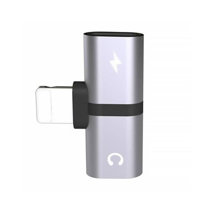 "Elegant 2-i-1 hörlursadapter för iPhone med dubbla portar, kompakt och portabel, för ljud och laddning samtidigt."
