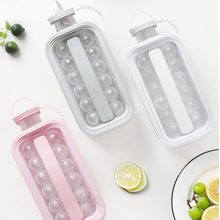 "Elegant 2-i-1 isform och vattenflaska i vit, grå eller rosa med handtag, perfekt för köket och utomhusbruk."