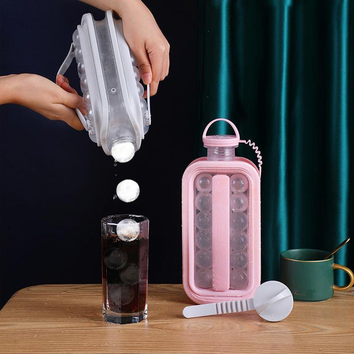 "Elegant 2-i-1 isform och vattenflaska i vit, grå eller rosa med handtag, perfekt för köket och utomhusbruk."