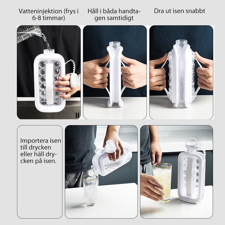 "Elegant 2-i-1 isform och vattenflaska i vit, grå eller rosa med handtag, perfekt för köket och utomhusbruk."