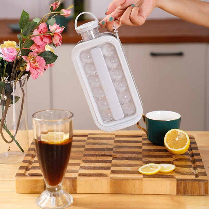 "Elegant 2-i-1 isform och vattenflaska i vit, grå eller rosa med handtag, perfekt för köket och utomhusbruk."