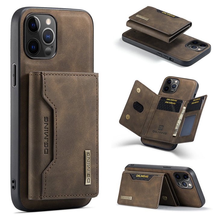 "Elegant 2-i-1 läderplånboksfodral för smartphones, frontvy. Stil, funktion, åtta kortplatser, magnetiskt säker."